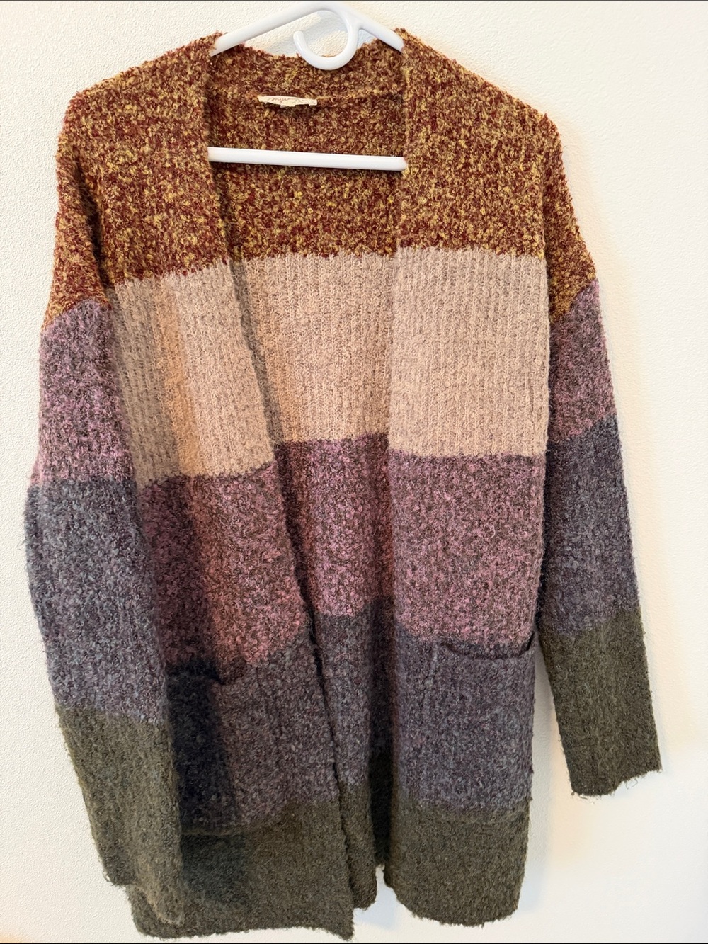 Mystree Open-Front Colorblock Cardigan in Mustard, Pink, Olive, Gray
